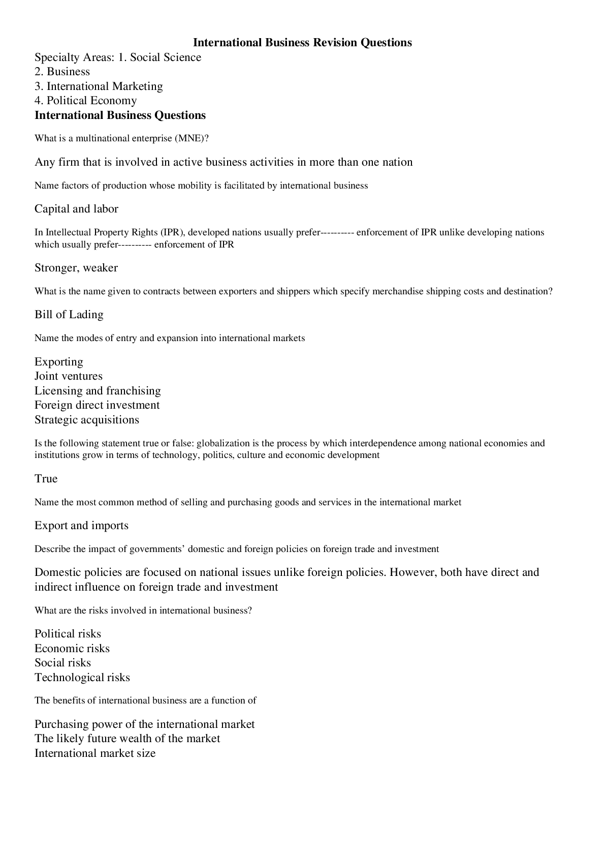 Preview image for International Business Revision Questions and Answers